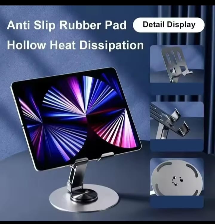 K81 Universal Desktop Phone & Tablet Holder – 360° Rotating Foldable Alloy Metal Adjustable Stand for Smartphones & Tablets