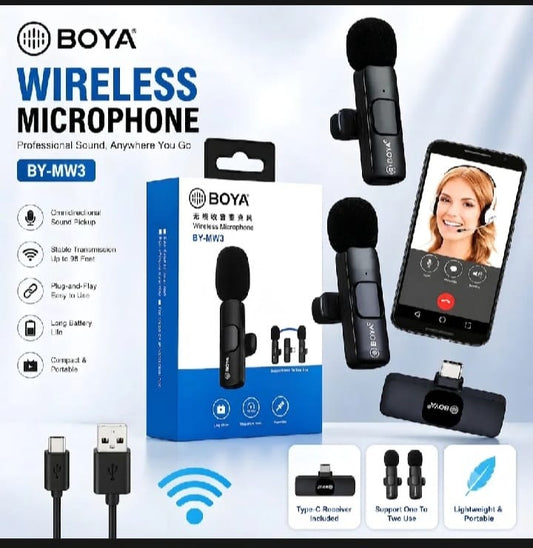 Boya BY-MW3 Wireless Microphone Dual Channel – 2.4GHz Mini Lavalier Mic for USB Type-C Devices