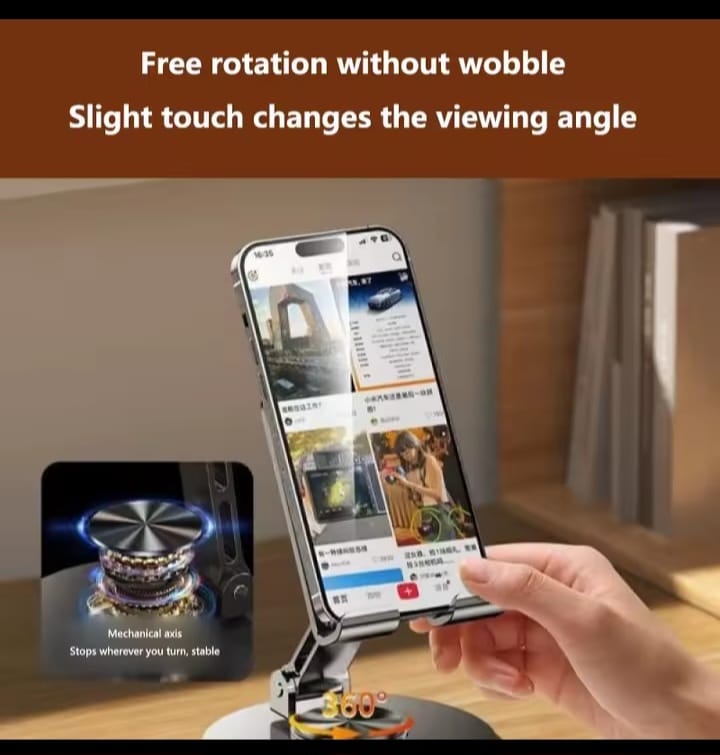 K81 Universal Desktop Phone & Tablet Holder – 360° Rotating Foldable Alloy Metal Adjustable Stand for Smartphones & Tablets