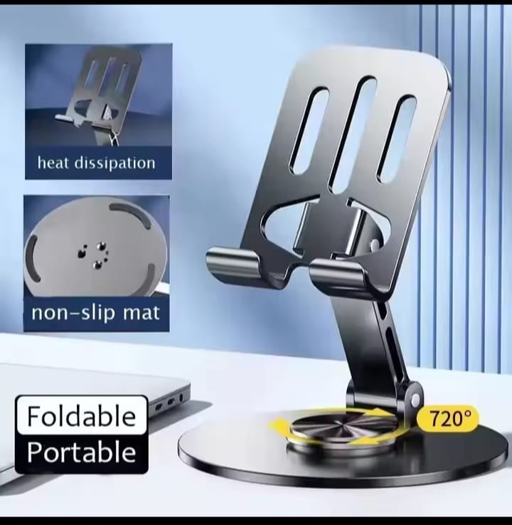 K81 Universal Desktop Phone & Tablet Holder – 360° Rotating Foldable Alloy Metal Adjustable Stand for Smartphones & Tablets